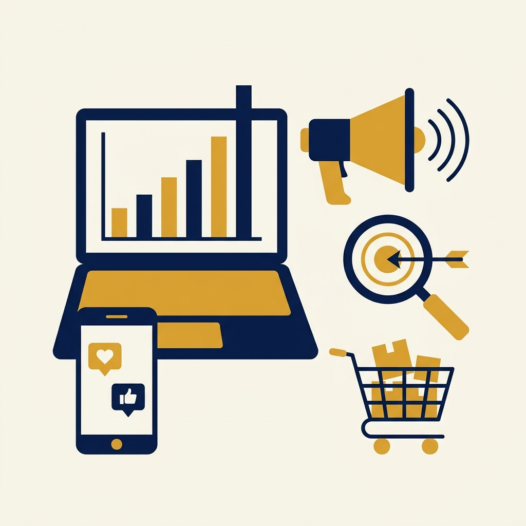 Illustration Digital Marketing : ordinateur portable, smartphone, megaphone, cible et panier