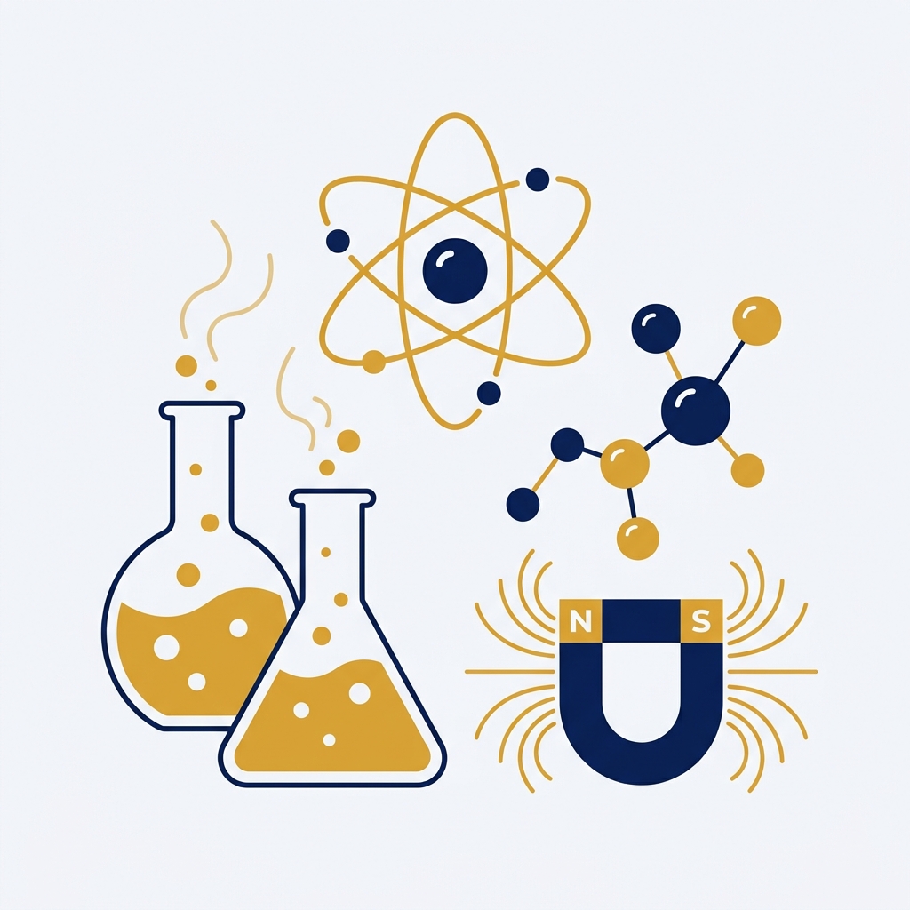 Illustration physique-chimie : bécher de laboratoire, atome et aimant